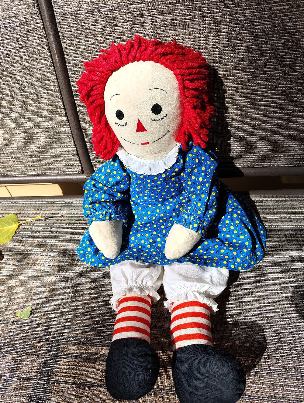 Vintage Raggedy Ann Doll Blue Floral Dress Red Yarn Hair Large 24"